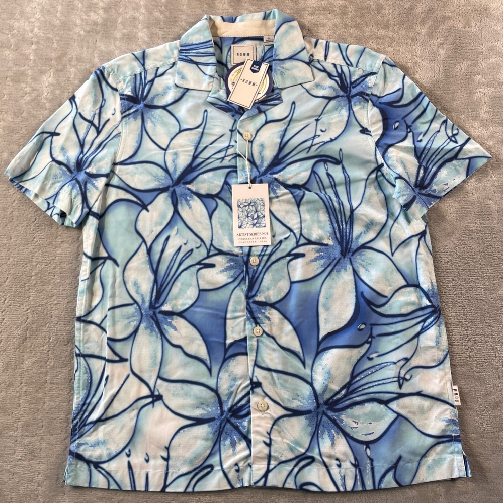 ROWM Shirt Artist Series Mens Small Blue‎ Lillies Beach Vacation Resort Swim